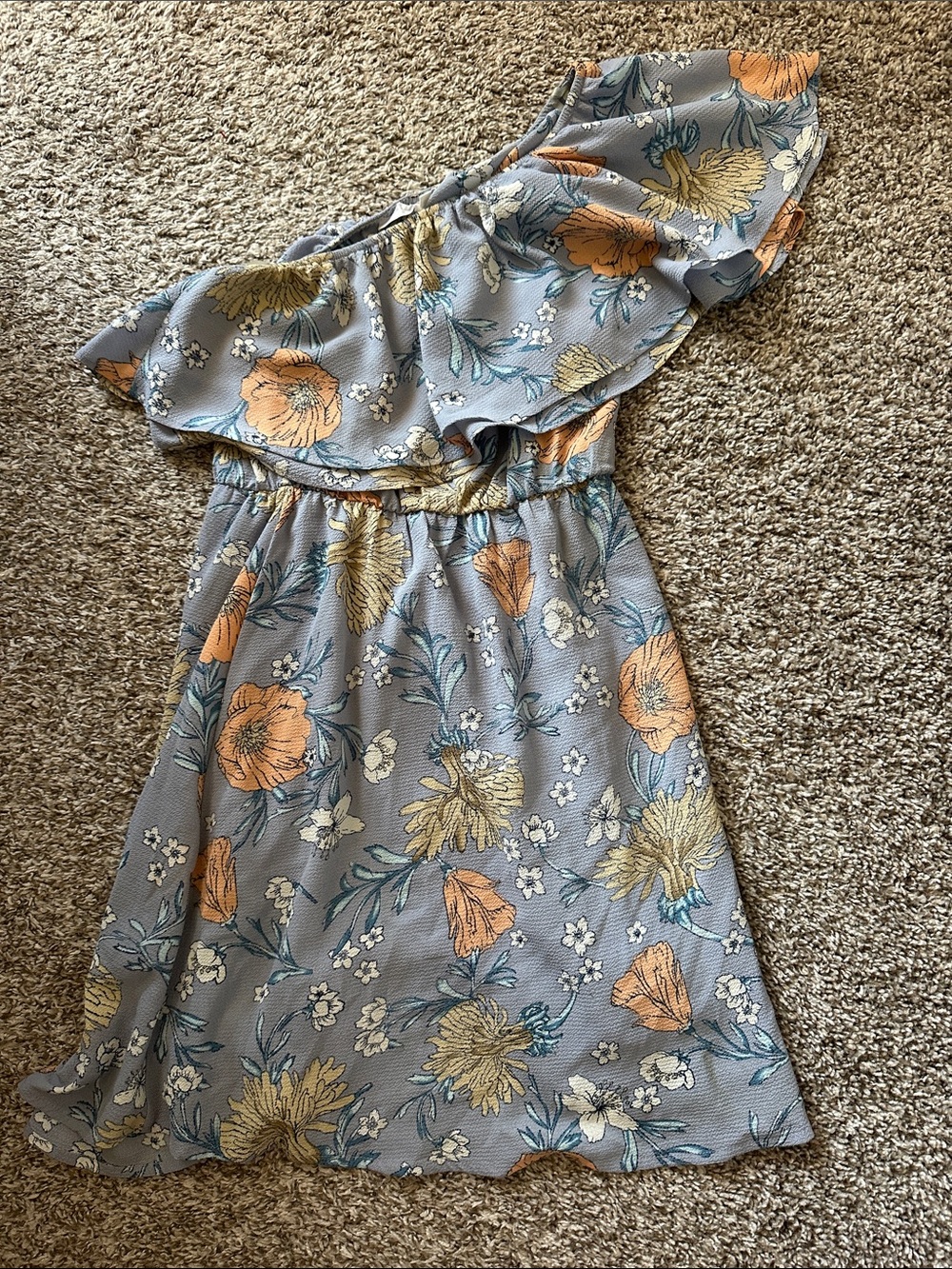 Lush One-Shoulder Floral Dress in Light Blue, Orange & Cream